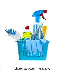 Assorted Cleaning Products On White Background