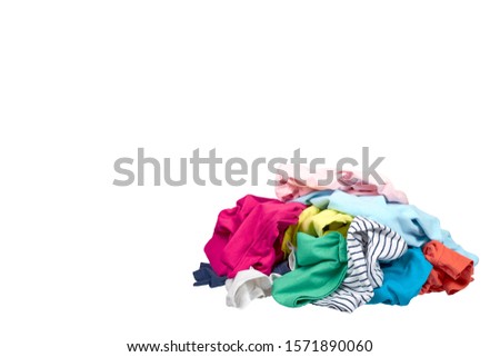 Assorted clothes, loundry housework. Isolated on white background. Copy space template, mockup.