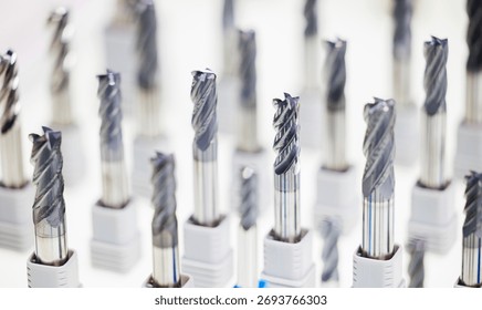 Assorted cnc milling cutters with sharp spiral flutes for precision machining.