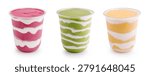 Assorted cold yogurt smoothies are presented on a white background. Set of takeaway layered drinks includes strawberry kiwi and mango flavours.