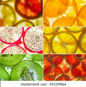 assorted collage of back lit fruit slices 