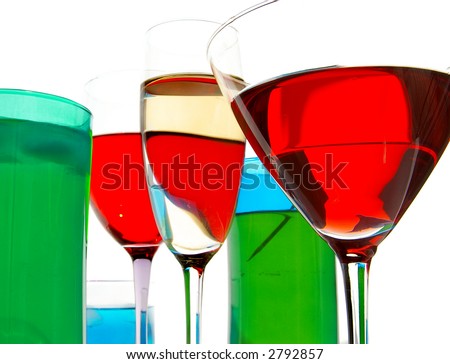 Assorted colorful cocktails closeup on white