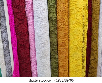 Assorted Colorful Fabric Like Modern Kebaya Pattern At Market Display