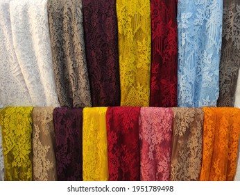 Assorted Colorful Fabric Like Modern Kebaya Pattern At Market Display