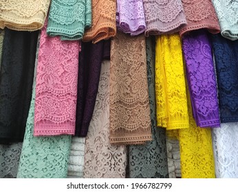 Assorted colorful fabric like modern Kebaya pattern at market display