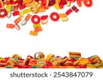 Assorted colorful gummy candies. Top view. Jelly donuts. Jelly bears. Isolated on a white background. 