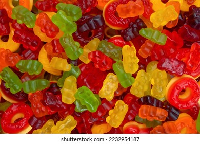 Assorted colorful gummy candies. Top view. Jelly donuts. Jelly bears.   - Shutterstock ID 2232954187