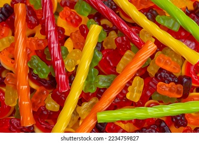 Assorted colorful gummy candies. Top view. Jelly donuts. Jelly bears.   - Shutterstock ID 2234759827