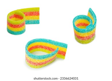 Assorted colorful gummy candies. Top view. Jelly donuts. Jelly bears. Isolated on a white background. 