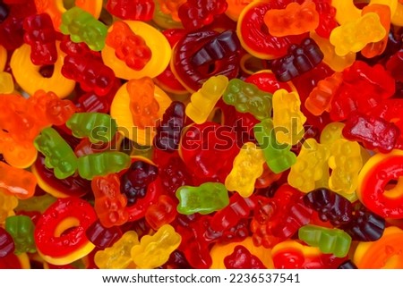 Assorted colorful gummy candies. Top view. Jelly donuts. Jelly bears.  
