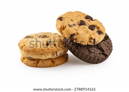 Assorted Cookies featuring chocolate chip cookies, chocolate cookies, cookie stack, isolated on white background in clean studio food photography.