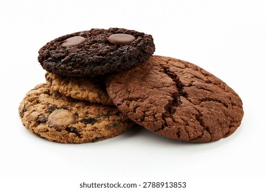 Assorted Cookies featuring cookie stack, chocolate cookie, chocolate chip cookie, isolated on white background in clean studio food photography.