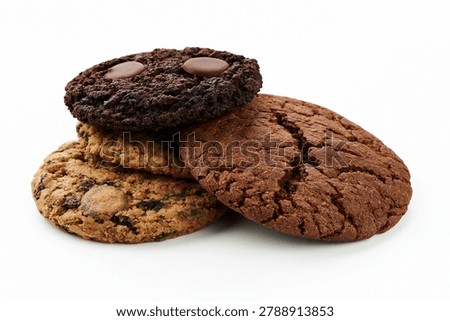 Assorted Cookies featuring cookie stack, chocolate cookie, chocolate chip cookie, isolated on white background in clean studio food photography.