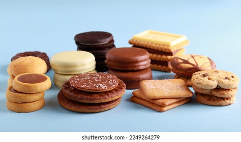 Assorted cookies on blue background