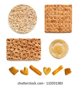 Assorted Crackers, Isolated On White Background.  Includes Rice, Wholegrain, Rye, Cheese Cracker, And Rice Cracker Party Snacks.