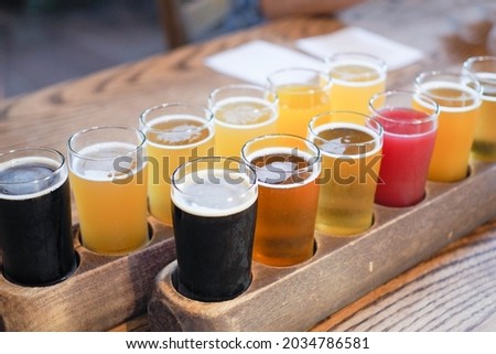 Assorted Craft Beers in a Flight on Wooden Table