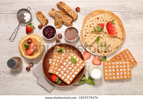 assorted of crepe,  pancake\
and waffle