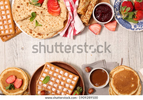 assorted of crepe, waffle\
and pancake