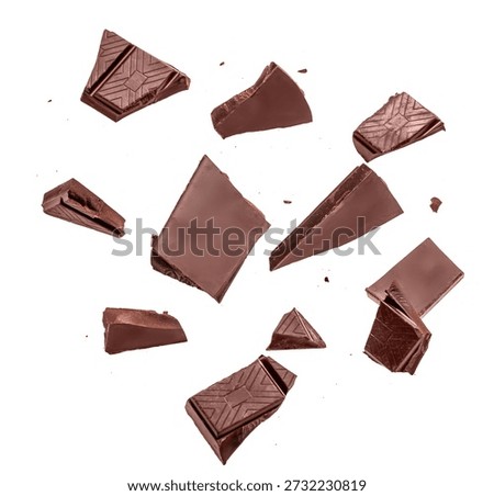 Assorted dark chocolate chunks and broken pieces isolated on white background, minimal food composition with copy space.