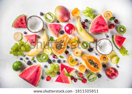 Various sliced tropical fruits and fruits