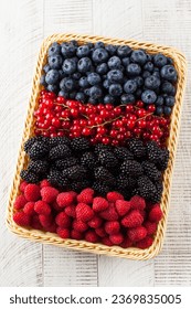 Assorted different types of ripe wild berries in a basket. berries.