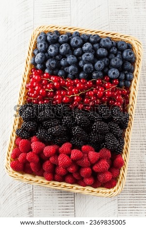 Assorted different types of ripe wild berries in a basket. berries.