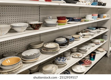 Assorted donated second hand household items, arranged on shelves on display in a thrift store. Thrifting