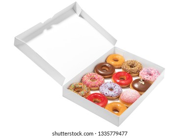 Assorted donuts with different fillings in cardboard box for pastry delivery isolated on white background.  Sweet fast food concept. Tasty dessert doughnuts cake from bakery of breakfast.