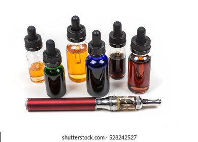 Assorted Flavors Of Vape Juice And An Ecigarette Isolated On White Background