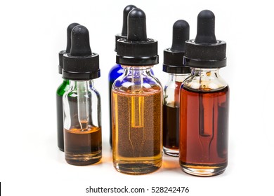 Assorted Flavors Of Vape Juice Isolated On White Background