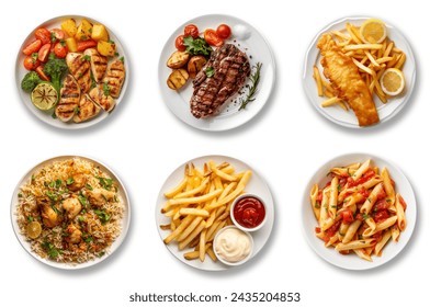 Assorted food set isolated on white background. Beef steak, fish and chips, pasta, French fries, biryani, grilled chicken with vegetables, Top view different food set isolated. 