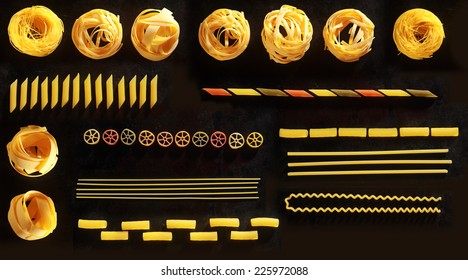Assorted Form and Cutting Styles of Fresh Italian Pasta Display on Black Table