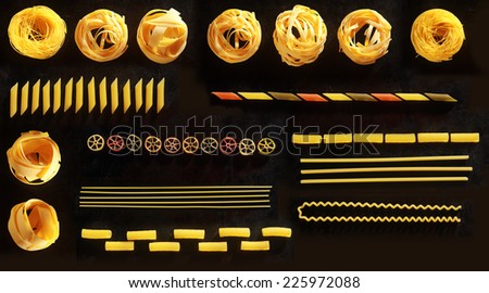 Assorted Form and Cutting Styles of Fresh Italian Pasta Display on Black Table