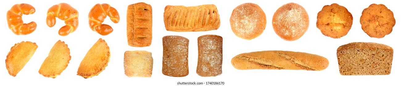 Assorted Of Fresh Baked Goods Isolated On White Background. Top View