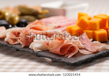 Image, Stock Photo Cheese Board with Ham, Cheese and a Knife