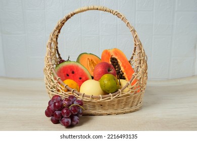 Assorted Fresh Fruit In Basket. Summer Fruit Set