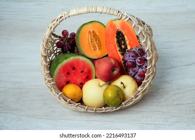 Assorted Fresh Fruit In Basket. Summer Fruit Set