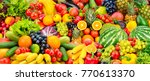 Assorted fresh ripe fruits and vegetables. Food concept background. Top view. Copy space.