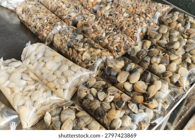 Assorted fresh shellfish and seafood packaged in transparent plastic bags filled with water at a local seafood market. Represents seafood trade, freshness and traditional market culture.