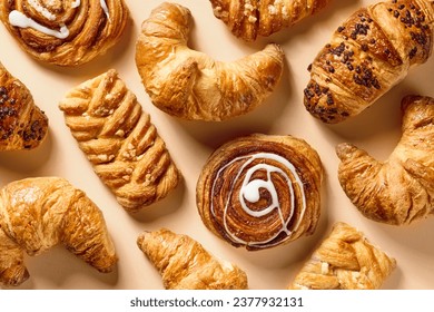 assorted freshly baked pastries, top view