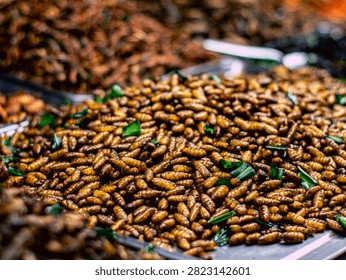 Assorted Fried Insects and Silkworm Pupae Trays Thai Street Food Market