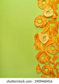 Assorted Fruit Jerky On Green Background, Top View With Copy Space