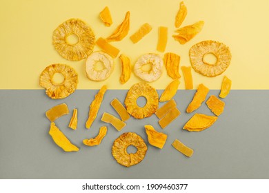 Assorted Fruit Jerky On Yellow And Gray Background, Top View