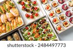 Assorted gourmet appetizers in trays, perfect for holiday parties and celebrations, showcasing a variety of flavors and elegant presentation