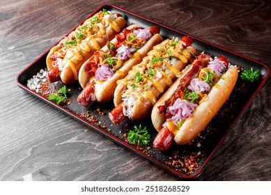 Assorted gourmet hot dogs with various toppings on a rectangular plate, ideal for food blogs or menus. The vibrant presentation highlights the delicious and diverse ingredients - Powered by Shutterstock