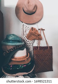 Assorted Hat Stack Up Straw Bag Beach Hat In Hippie Walk In Closet Macrame Wall Hanging Ethnic Style Decoration And Women Accessories Dark Room With Multiple Kind Of Lady Stuff Vintage Girl Bedroom