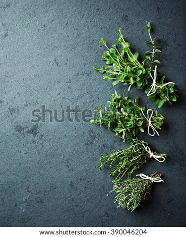 Assorted herbs on a stone background. Marjoram, thyme, lemon thyme, oragno. Flat lay