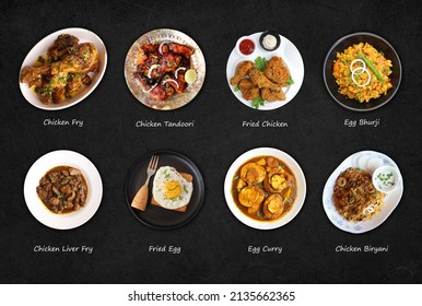 Assorted Indian Chicken Dishes. Nonveg Food Banner. Chicken Fry, Tandoori, Biryani, Fried Chicken, Liver Masala, Egg Curry, Bhurji, Fried Egg. Food Items Over Black Background With Copy Space. 