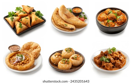 Assorted Indian, desi food set. Samosa, masala dosa, kofta curry, chole bhature, pani puri, beef curry in plate. Indian and pakistani food collection set, food close up isolated on white background.