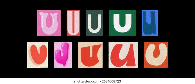 Assorted letter U typography styles, paper cutouts against black
